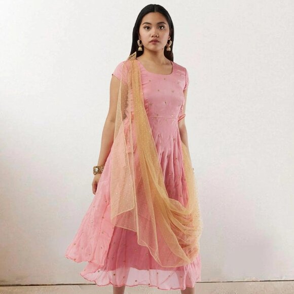 EthnoChic Pink Banarasi Georgette Dress | Muvvas Boutique - Picture 5 of 5